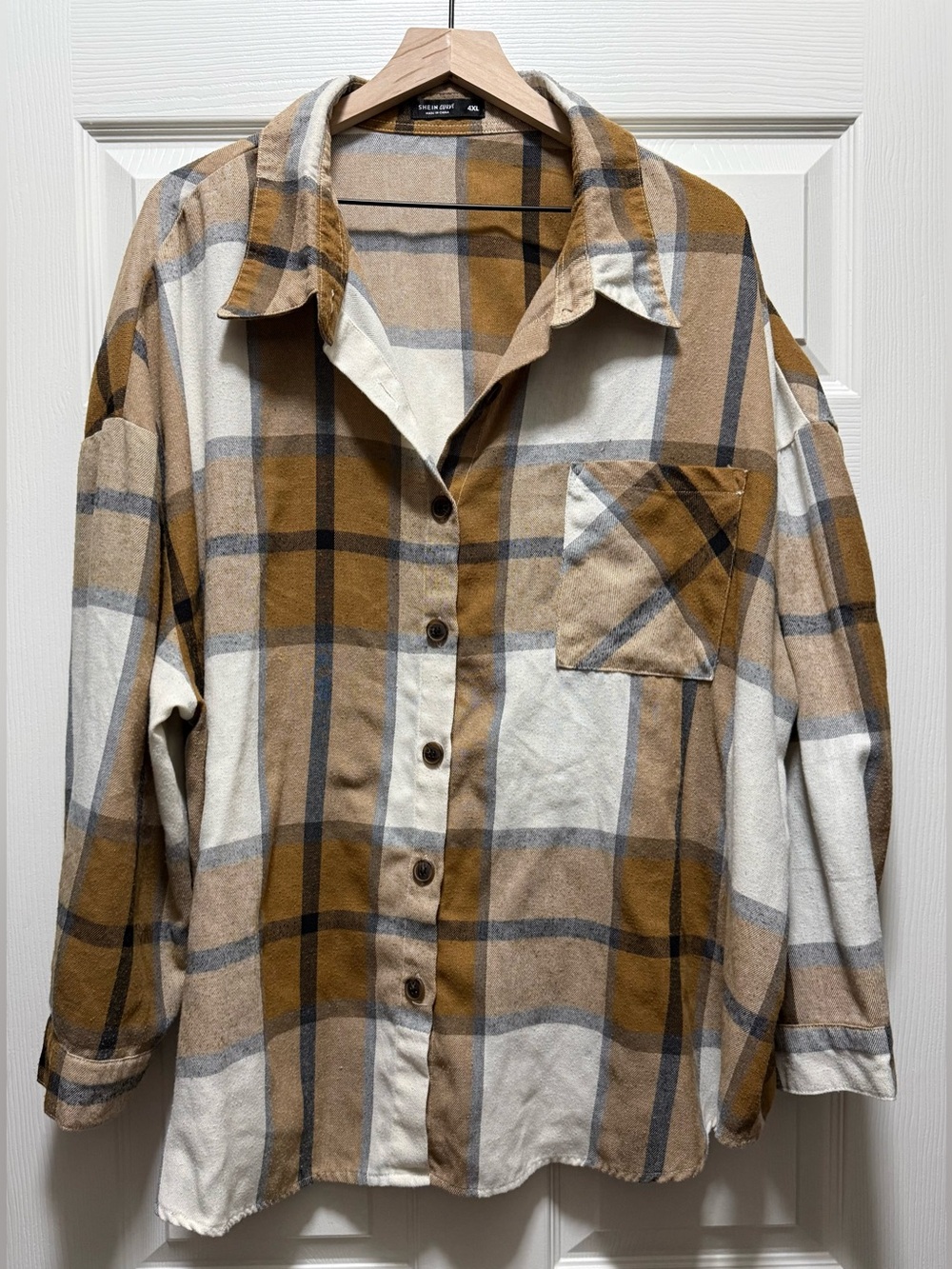 SHEIN Curve 4XL Brown Cream Plaid Oversized Flannel Button Down Shirt